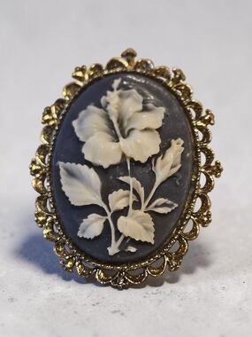 Vintage Floral Cameo Brooch Blue Flowers Carved Brooch